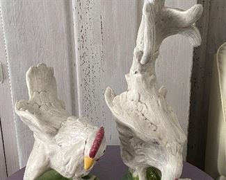 Pair of Ceramic Brayton Ceramic Chickens/Rooster- made in Laguna Beach, CA. The tallest point measures 19.5" 