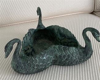Swan Shaped Decorative Metal Planter with lovely patina. Measures 8" x 7" x 3.5" 
