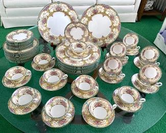 Wedgewood China Set- "Austell" -Truly a very beautiful china set! The colors and design are lovely. 

12 dinner plates
12 salad plates (9 plates were found after the photos were taken)
12 bread plates 
19 teacups and saucers 
All in very good condition with the exception of one small "spider crack" in one teacup which can be seen in one of the photos. 