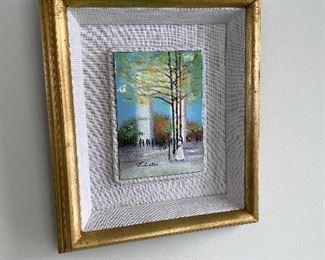 Framed Artwork - Tile Art- Linen matted. Gold frame. Framed measures 14" x 12" and the art itself 7" x 5" 