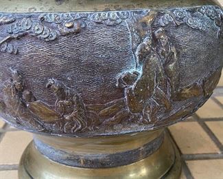 Brass Asian Inspired Planter. Some water marks and oxidation, but still a great piece! Measures 9.5" H x 10" W 