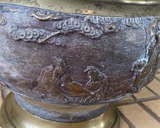 Brass Asian Inspired Planter. Some water marks and oxidation, but still a great piece! Measures 9.5" H x 10" W 