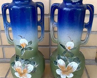 Pair of Moriagie Asian Vases. Very beautiful pair of vases; 13".  One is as-is and has a repaired handled and chips on the top.