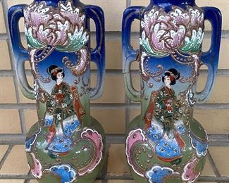 Pair of Moriagie Asian Vases. Very beautiful pair of vases; 13".  One is as-is and has a repaired handled and chips on the top.