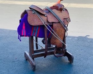 Vintage Hereford Brand Tex Tan of Yoakum Saddle and Stand