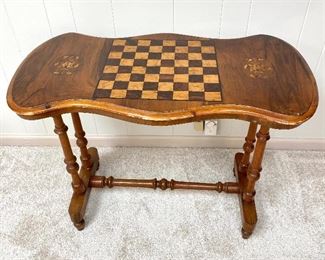 Antique Chess Board - Marquetry Victorian Stretcher Table, Walnut 
C.1880