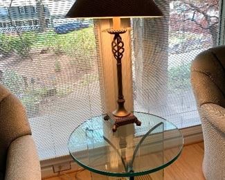 Pair Art Deco glass and brass side tables