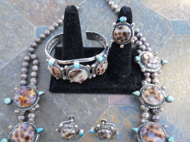 Squash Blossom  Rare Cowry shell with Turquoise Turtle hand made Native American Matching Earring come with necklace Bracelet sold seperate