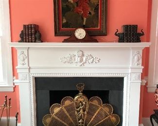 Large brass peacock fireplace screen, Large needlepoint, brass fenders, fireplace tools and andirons