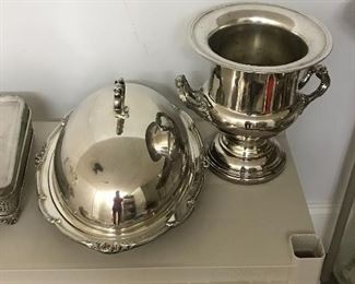 Several pieces of silverplated serving platters, barware, bowls