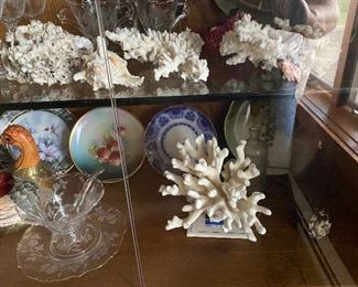 Coral, glassware, painted china