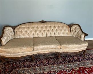#10	As is Button Back Sofa Camel Back Sofa (as is fabric tears) w/wood trim  83" Long	 $75.00 
