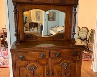 #13	Vintage Breakfront w/top beveled Mirror (2 pcs) w/2 drawers & 2 doors (w/key)  54x20.5x39-89	 $595.00 

