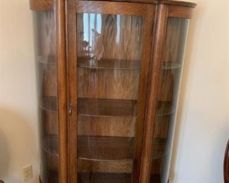 #17	Oak Carved Glass Front Display Cabinet w/3 shelves w/key  37x14x60  (as is bottom glass support)	 $175.00 
