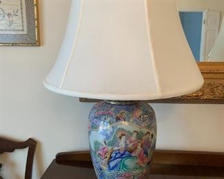 #19	Blue Floral Porcelain Lamp w/ladies w/men playing musical instrument w/brass finial  and wood base   32" tall 	 $125.00 
