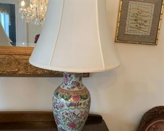 #20	Porcelain Lamp w/birds & Butterflies w/brass finial and wood base 30" Tall	 $100.00 
