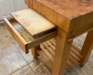 #50	Butcher Block Island on Wheels w/drawer & Cutting board w/bottom Shelf on Wheels 24sqx36  (as is top)	 $500.00 

