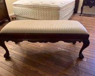 #95	Bedside Wood Bench w/ball & Claw Feet  45x17x19  (as is top)	 $100.00 
