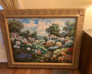 #97	Acryllic Painting of Field of Flowers w/heavily Carved Gold Frame  58x48	 $125.00 
