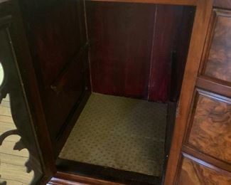 #98	Ornately Carved Burled Front Wood Buffet w/Beveled Top Mirror  w/3 drawers & 2 doors, dove-tailed (watermark on top finish) 59x23x39-93	 $500.00 
