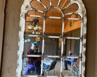 #107	White Distressed Metal Arched Mirror 32x46	 $65.00 
