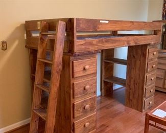 #126	Pinecrafters Furniture Pine Bunk Bed w/10 drawers w/side shelves 43x79x62	 $200.00 
