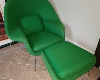 Mid-Century Modern Green Upholstered Chair & Footstool