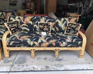 Rattan palm print upholstered sofa, chair, and ottoman $1,100 ($6k new) (Photo 1/4)