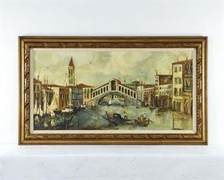 Signed Large Canal Gondola Scene Painting On Canvas