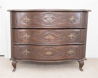 Antique 3 Drawer Commode, Carved wood and brass hardware. 35”H x 43”W x 24”D