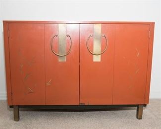 Red Laquer Chinese Cabinet, Brass Dynasty style hardware, condition good, 27.75”H x 40”H x 18”D