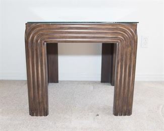 Waterfall Side Table. Waterfall side table with glass top. 22.5”H x 24.5” square. Good condition.