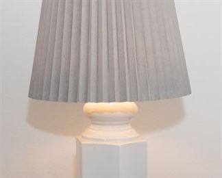 White Lamp with Grey Shade. 31’H x 9”W x 9”D, 6 sides. Good condition