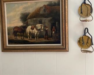 19th c. Oil on canvas, unsigned, stirrup form wall sconces