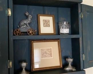 Primitive wall cabinet, etchings, pewter ware, Nicholas Mosse potteryRevere pewter candlesticks