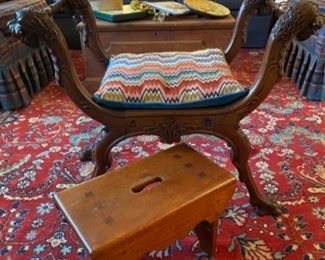 Hand carved 19th c Savanorolla chair, hand made rug