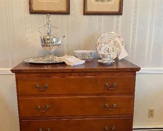 19th c. mule chest, silver plate kettle in stand, Queen and Garden dishes