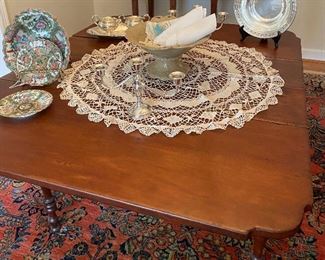 19th c turtle top drop leaf table, sterling candelabra, sterling bowl and creamer/sugar, rose medallion bowl and saucers