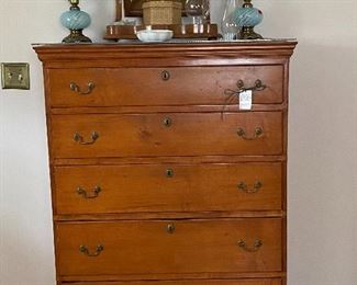 18th c tall chest, shaving mirror, electrified oil lamps