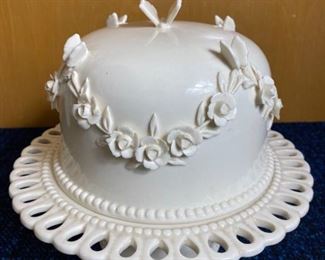 Vintage Porcelain Cake Stand with Flowers and Butterflies Dome