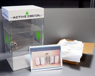 Active CBD Oil Branded Acrylic Display Cabinet, Includes Key, 20.5" H x 12" W x 10" D, Sign Holder, And Discover CBD Branded Bags, Uncounted