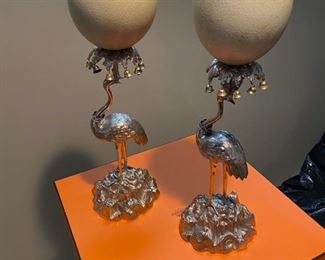 Pair bird figures with ostrich eggs 