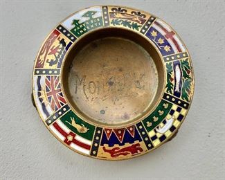 $15 - "Montreal" enamel trimmed  bronze, three-footed dish/trinket holder; 3 1/4 in. diameter 