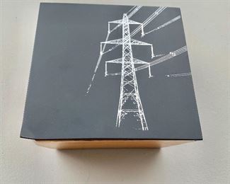 $45 - CB2 Magnetic cover wood box decorated with power lines; 3 1/4 in. (H) x 6 in. square