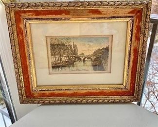  $40 - hand colored Paris etching in distressed frame - (missing velvet on the frame), "Le Pont St. Michel;" 8 in. (H) x 10 1/2 in. (W)
