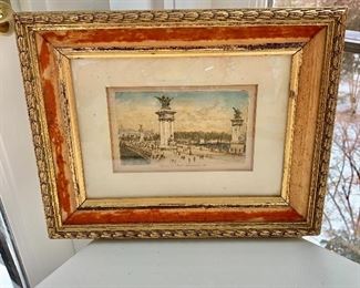 $40 - Paris hand colored etching in distressed frame - "Le Pont Alexandre III;" 8 in. (H) x 10 1/2 in. (W)