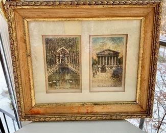$75 - Paris etching in distressed frame; 10 1/2 in.                        (H) x 12 1/2 in. (W) "Le Fontaine Medici and Eglise de la Madeleine"