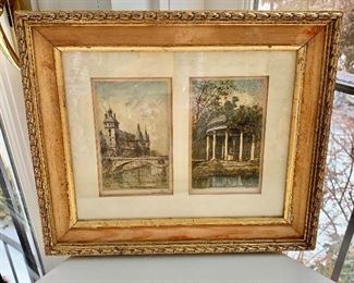 $75 - Paris hand colored etching in distressed frame; 10 1/2 in. (H) x 12 1/2 in. (W); "Paris Conciergie and Temple de l' Amour"