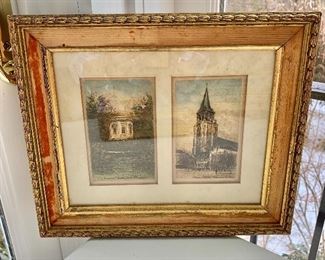 $75 - Paris hand colored etching in distressed frame; 10 1/2 in. (H) x 12 1/2 in. (W); "Trianon Pavilion de la Musique and Eglise St. Germain"