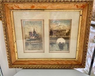 $75 - Paris etching in distressed frame - 10 1/2 in. (H)  x 12 1/2 in. (W) "Notre Dame and Petit Trianon"